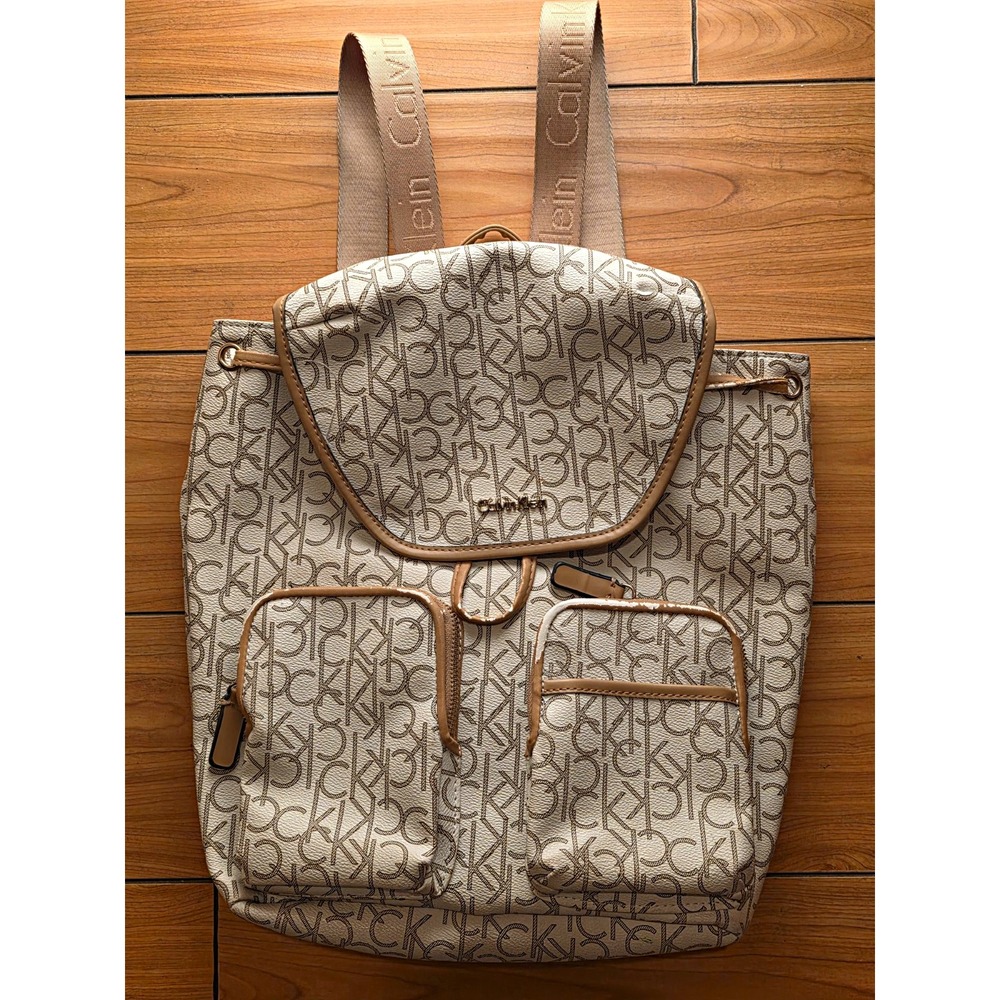 Calvin Klein Beige Monogram Backpack Zip/Drawstring, Adjustable Straps, Medium